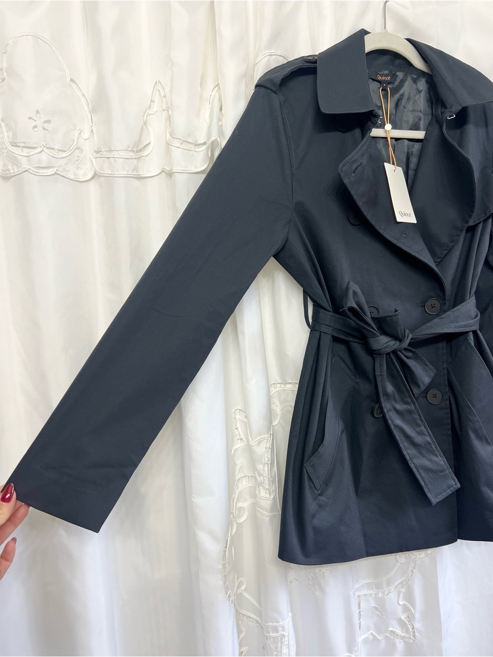 NWT Quince Comfort Stretch Short Trench Coat Black Small Belted - Picture 12 of 16